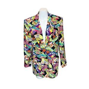 Dana Buchman vintage 100% silk colorful fan print blazer size 8